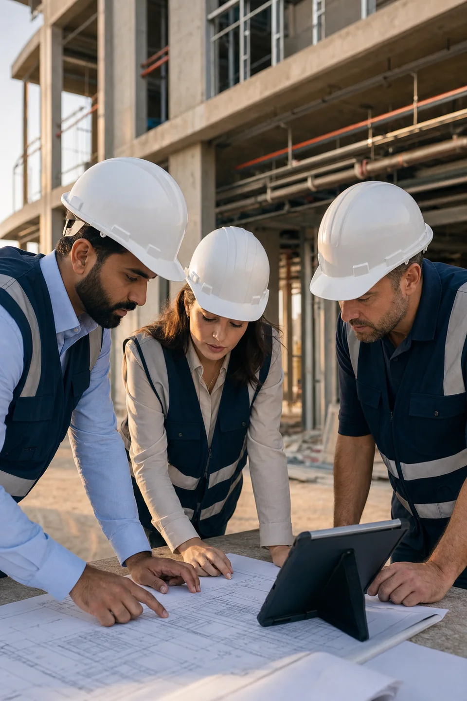 Engineering team coordinating plans at a construction site