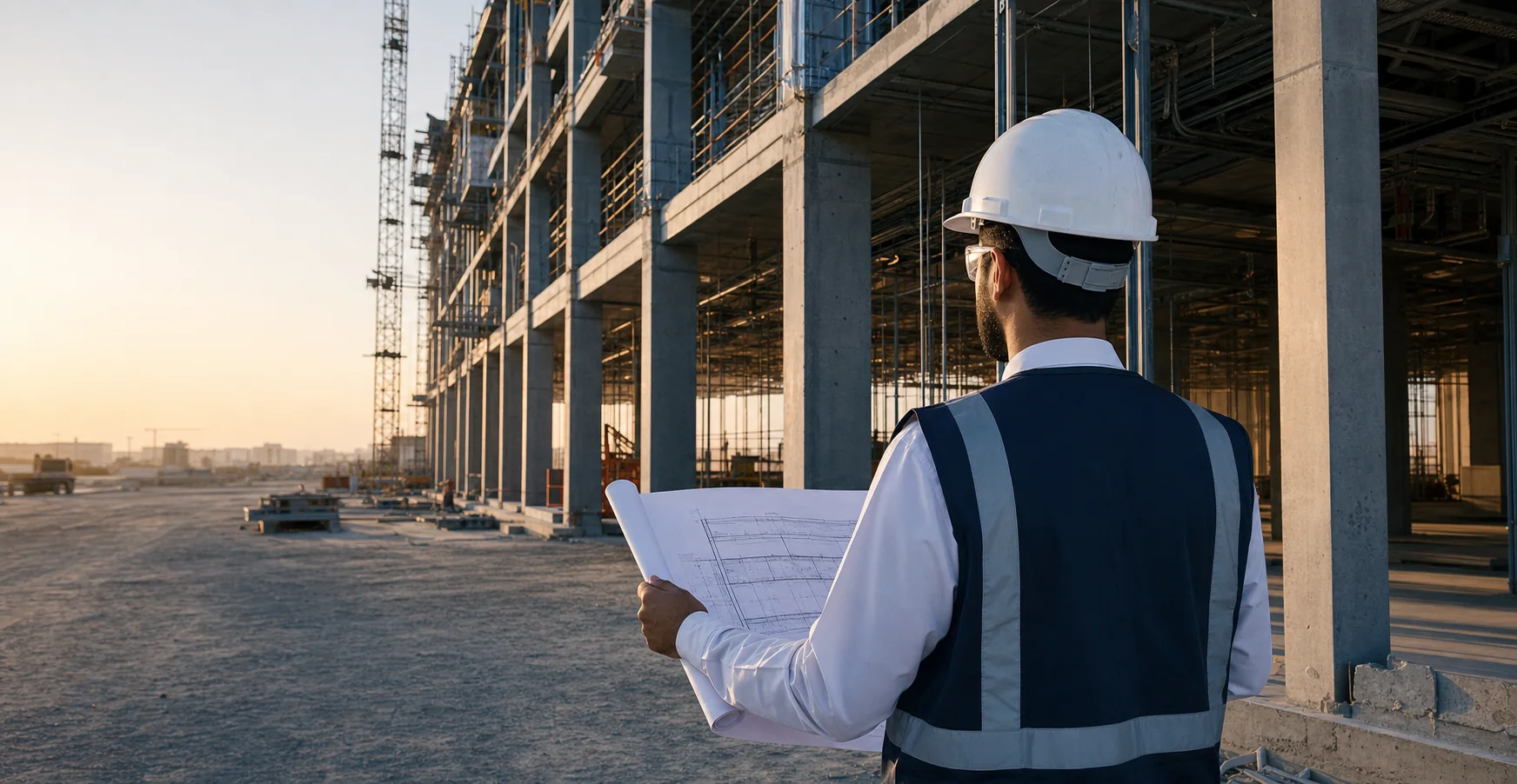 Engineer reviewing plans at a modern commercial construction site