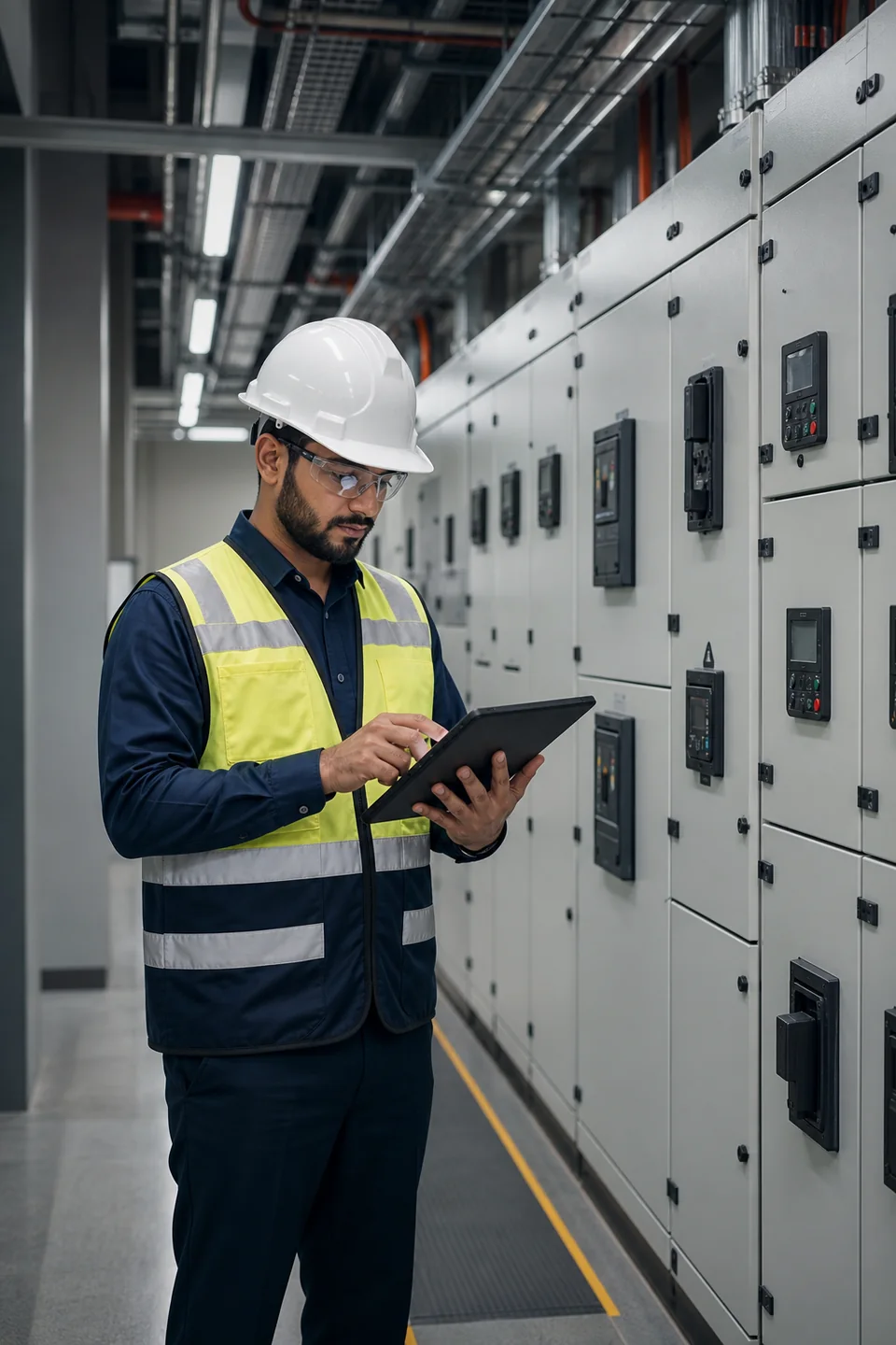 Electrical engineer inspecting modern commercial switchgear